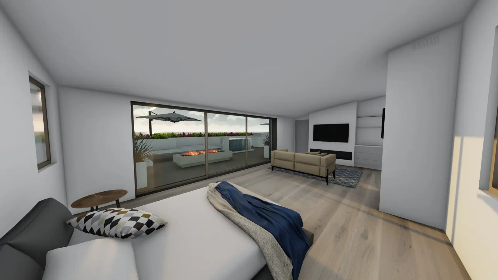Rendering of a Raymond Estate bedroom suite opening onto a rooftop terrace with fire feature