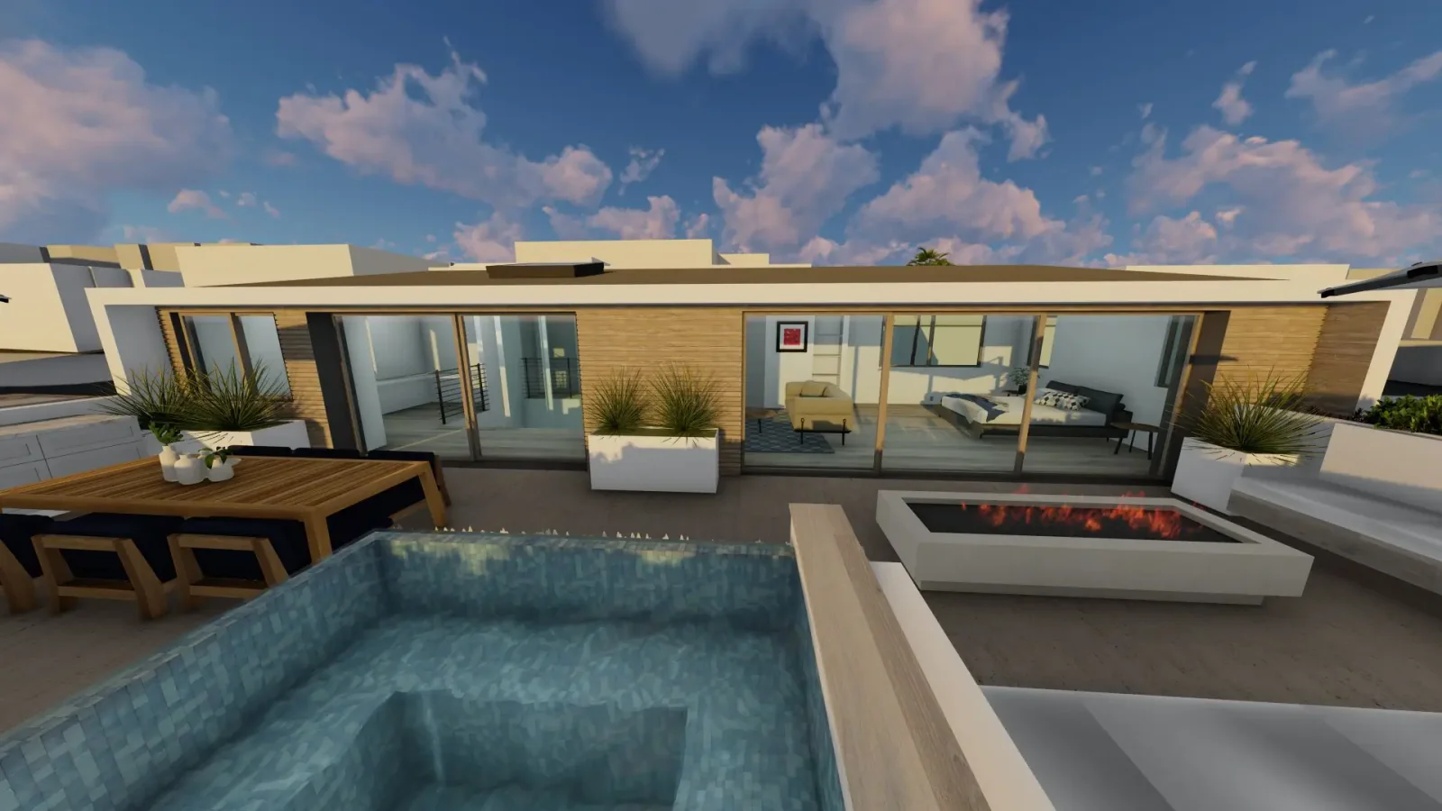 Rendering of the Raymond Estate rooftop pool and fire pit beside glass-walled living spaces