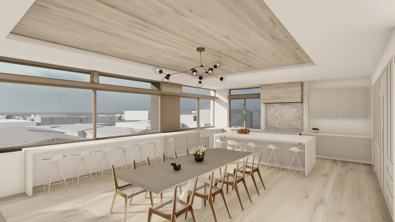 Rendering of the Raymond Estate dining area and kitchen island beneath a wood-clad ceiling