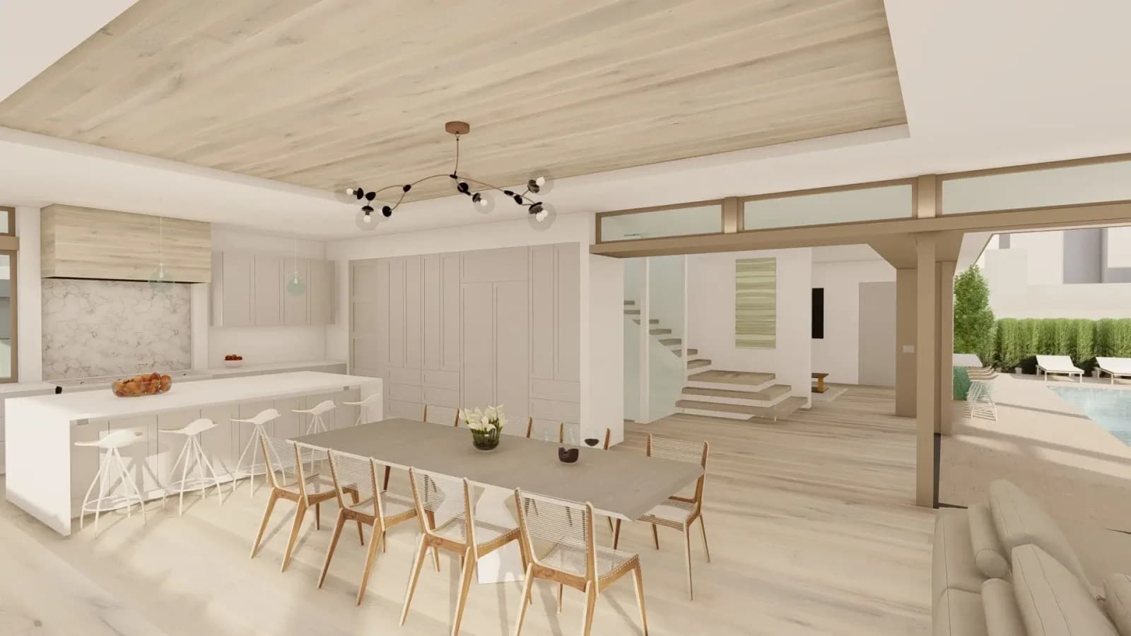 Rendering of the Raymond Estate kitchen and dining space sliding open to the courtyard pool
