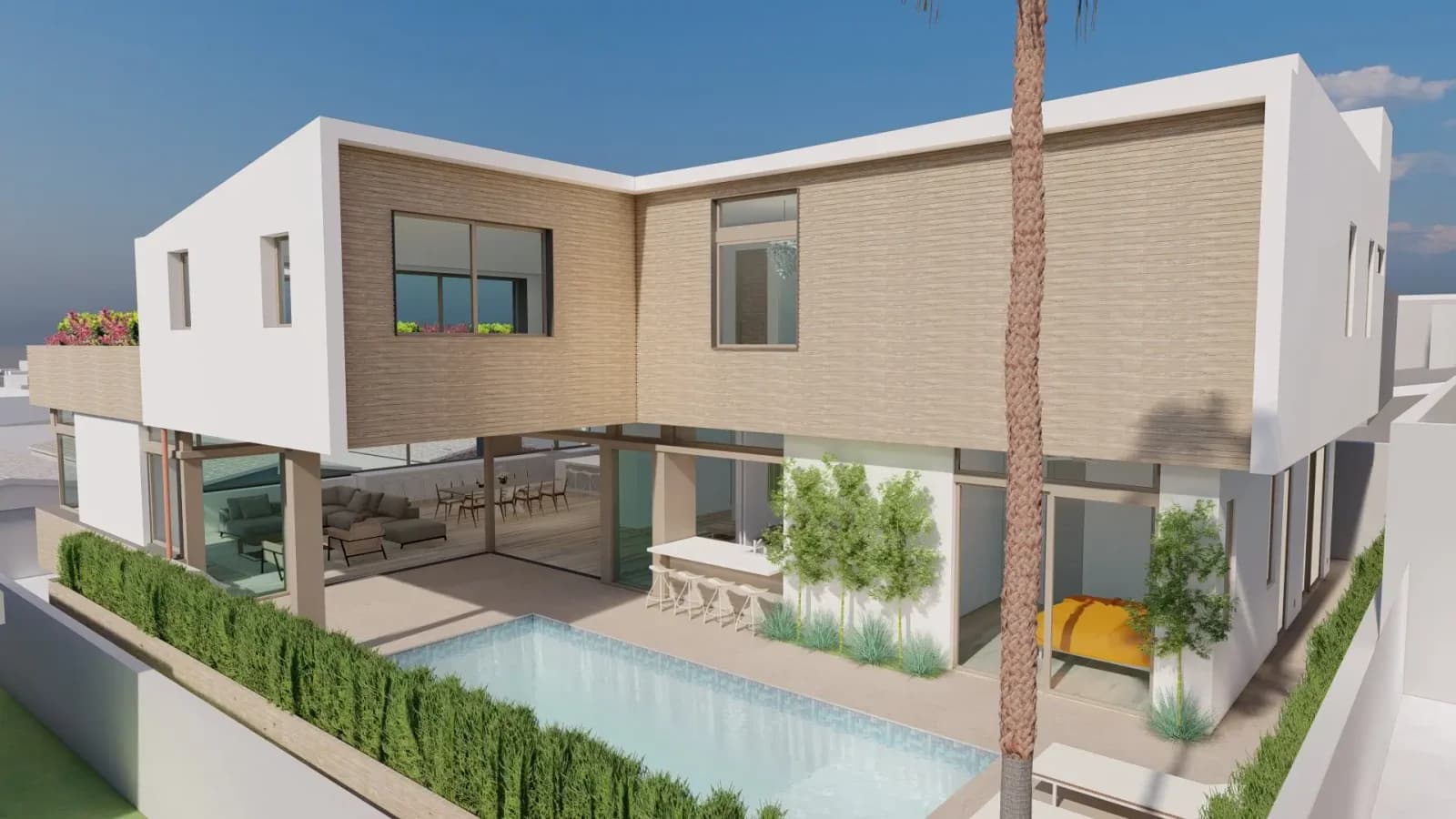 Aerial rendering of the L-shaped Raymond Estate wrapping a courtyard pool and palm tree
