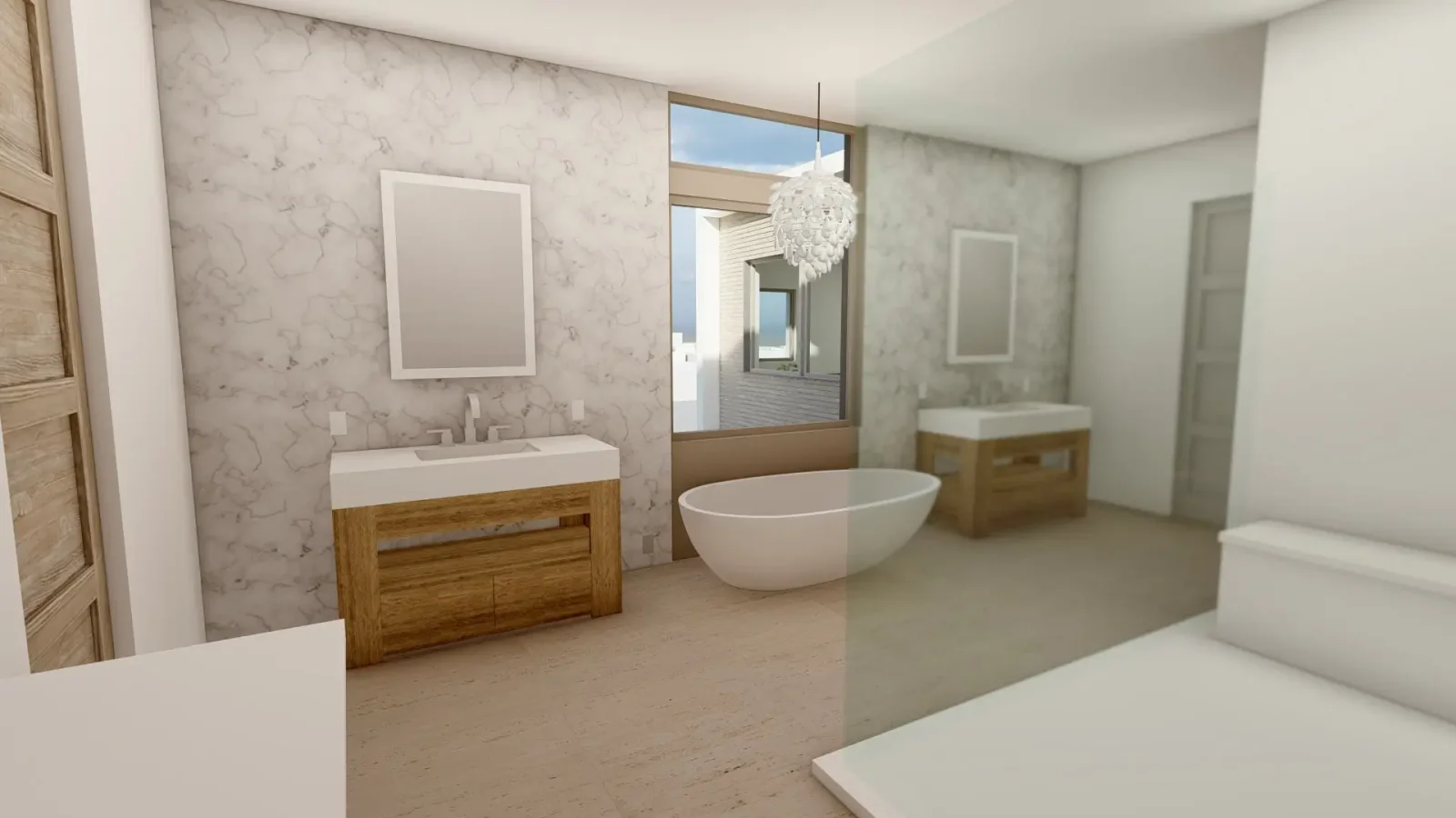 Rendering of a Raymond Estate marble primary bath with freestanding tub and twin wood vanities