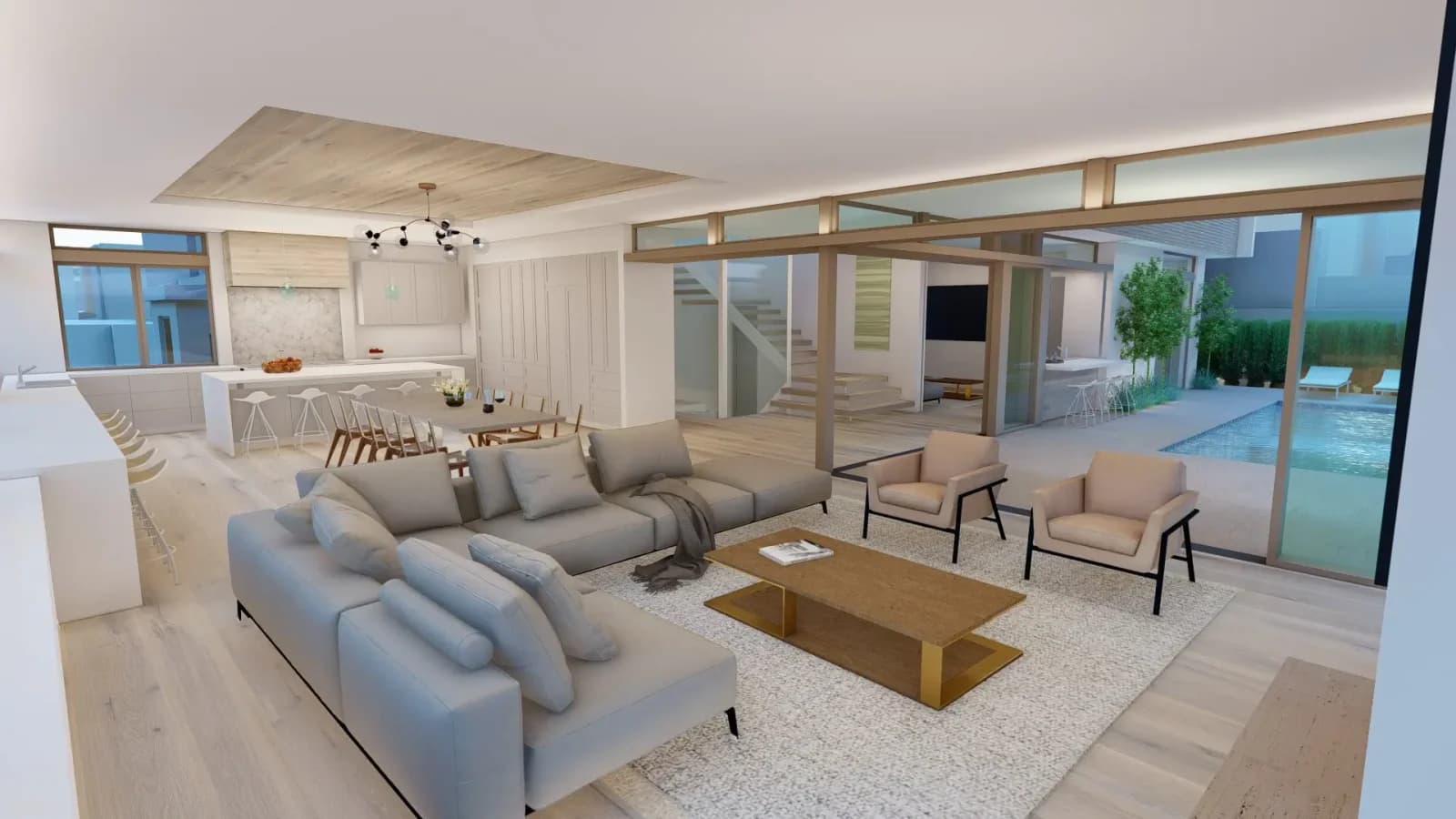 Rendering of the open-plan Raymond Estate living room opening to the kitchen and pool deck