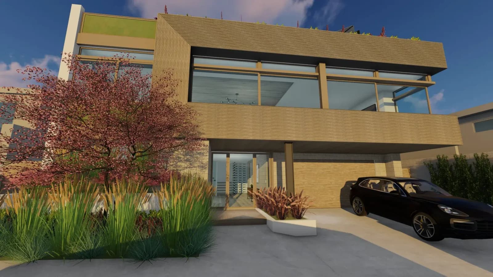 Rendering of a custom modern home with rooftop garden and a car in the driveway