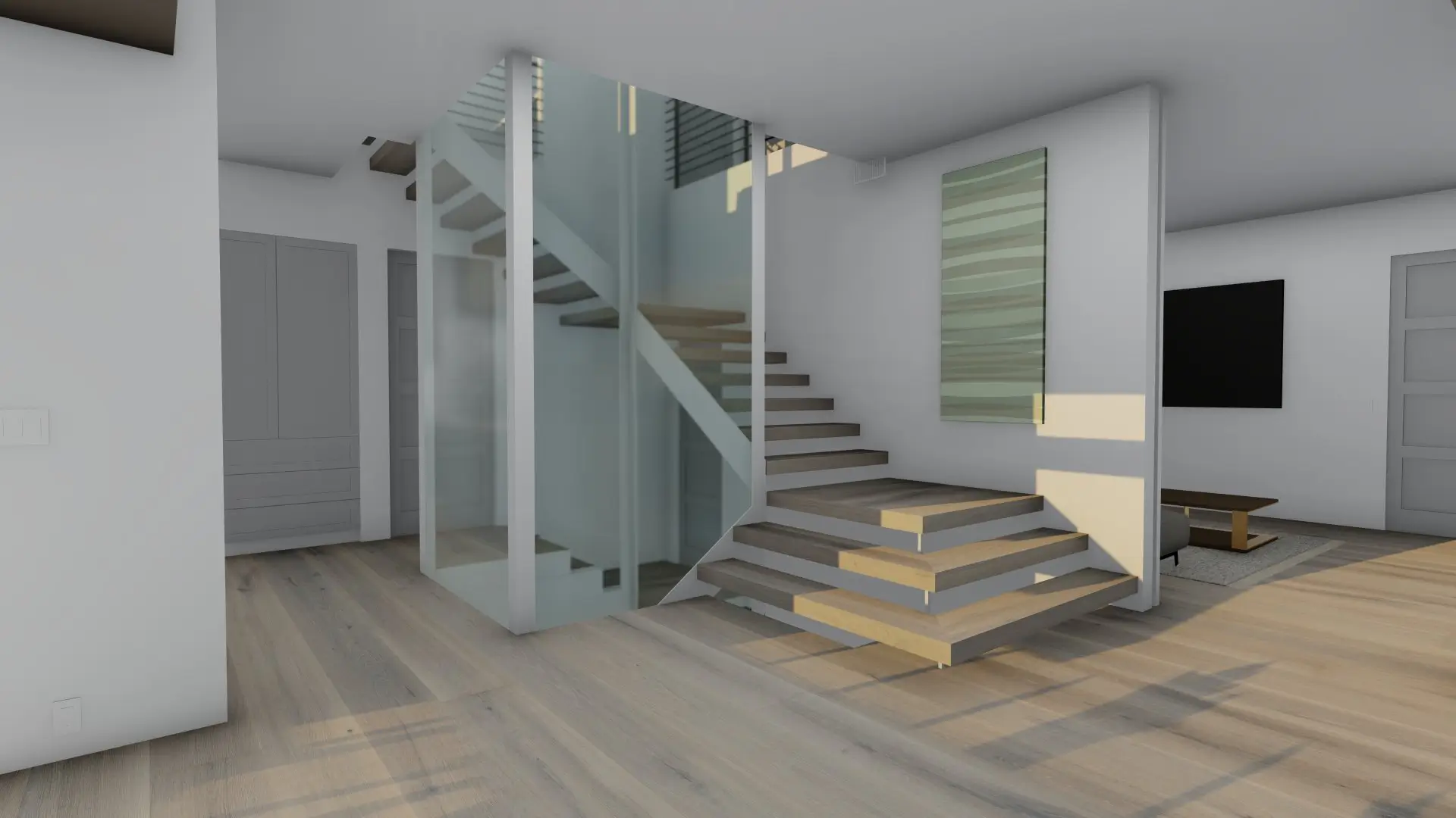 Rendering of a floating wood staircase with glass enclosure in the Raymond Estate interior
