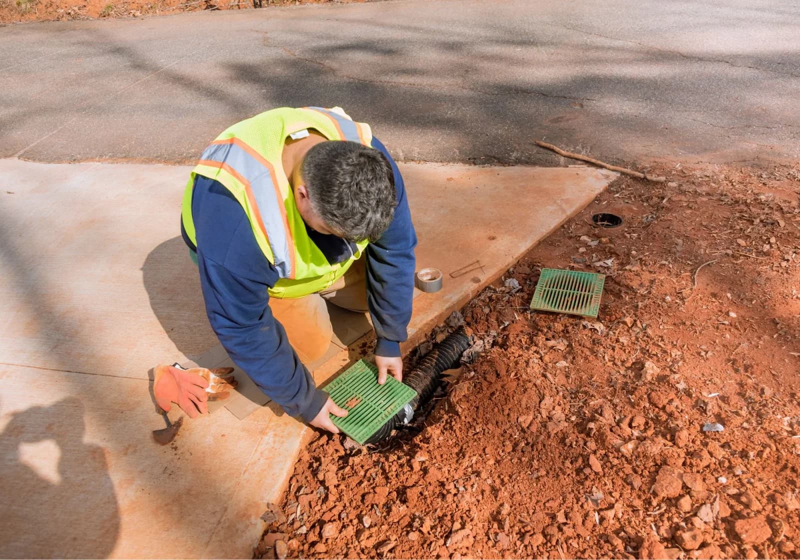 Worker in a safety vest installing a drainage channel and grate beside a driveway