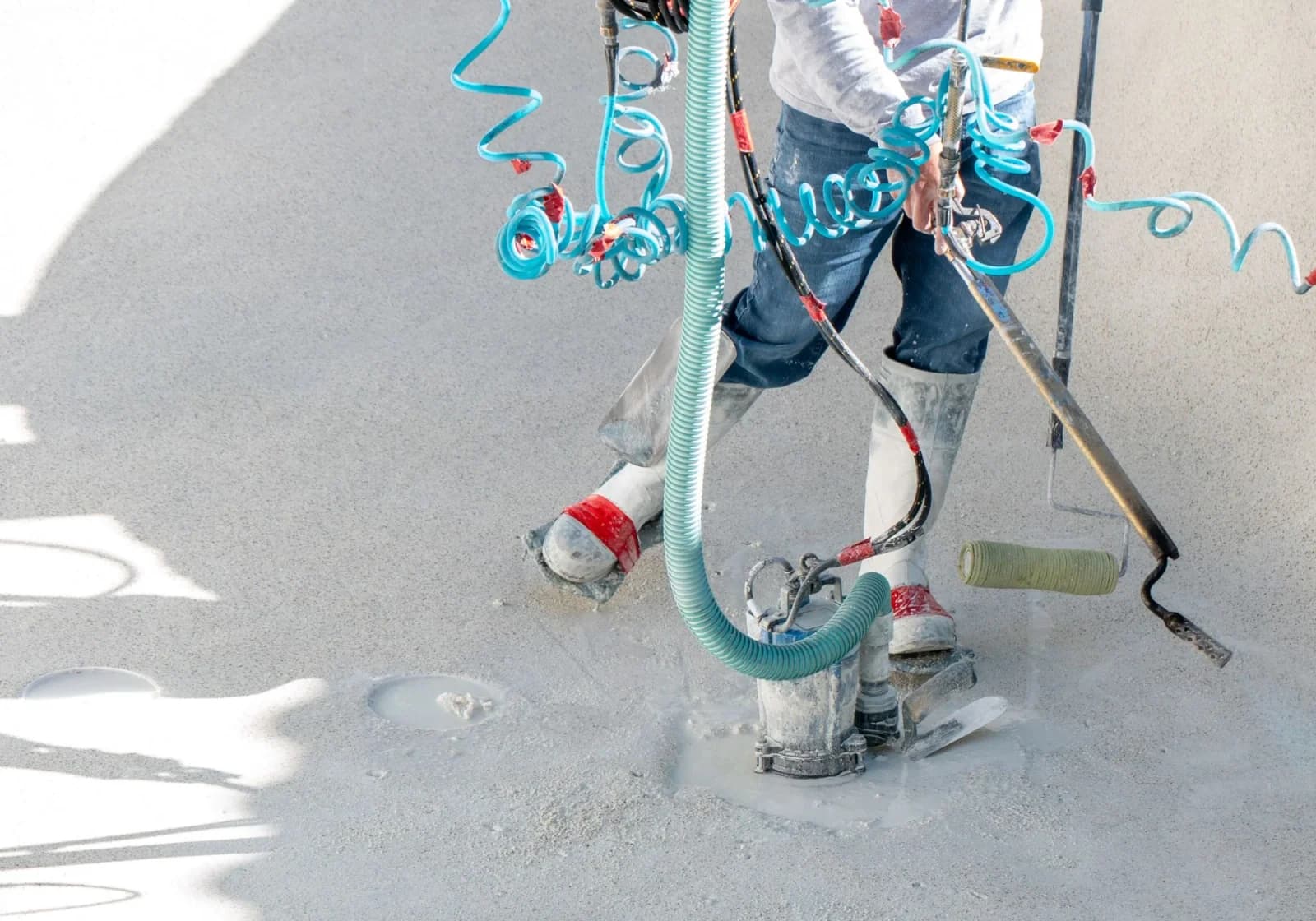 Worker servicing a sump pump on a concrete floor with hoses and tools