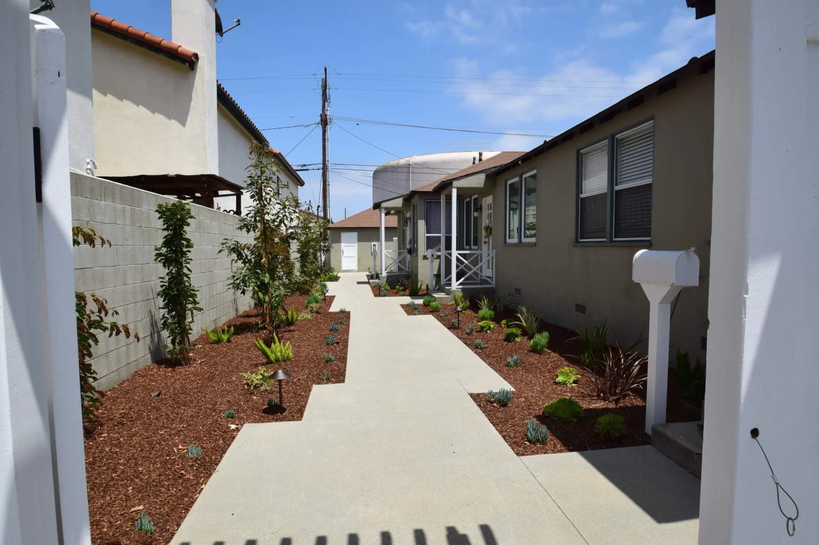 Shared courtyard walkway between Cabrillo Bungalows units with new drought-tolerant plantings