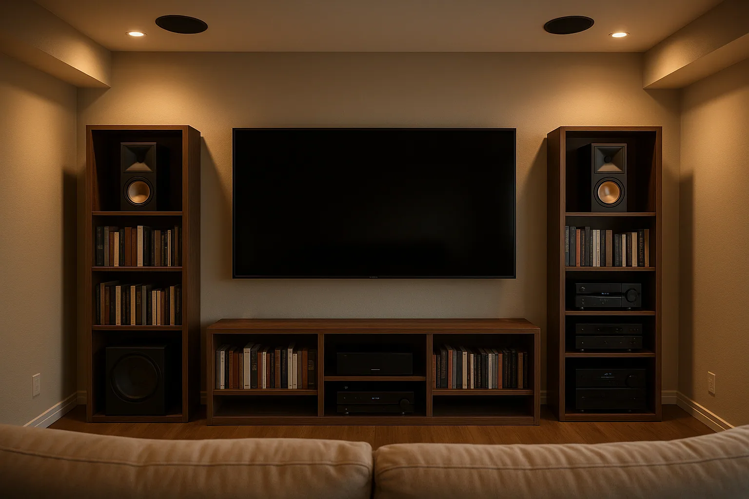 Home theater with a wall-mounted screen, tower speakers and an AV equipment rack