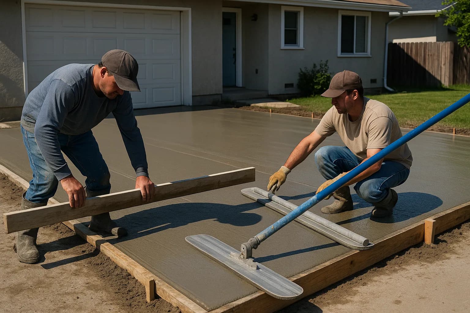 Concrete finishers floating a freshly poured residential driveway slab