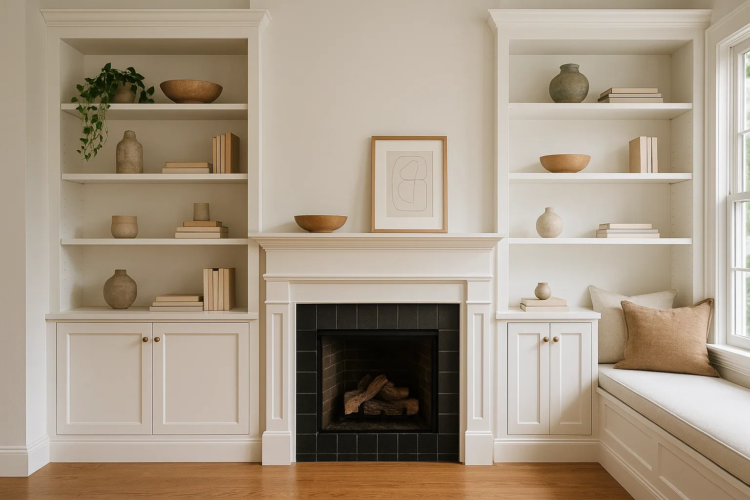 Custom white built-in cabinetry and shelving flanking a fireplace