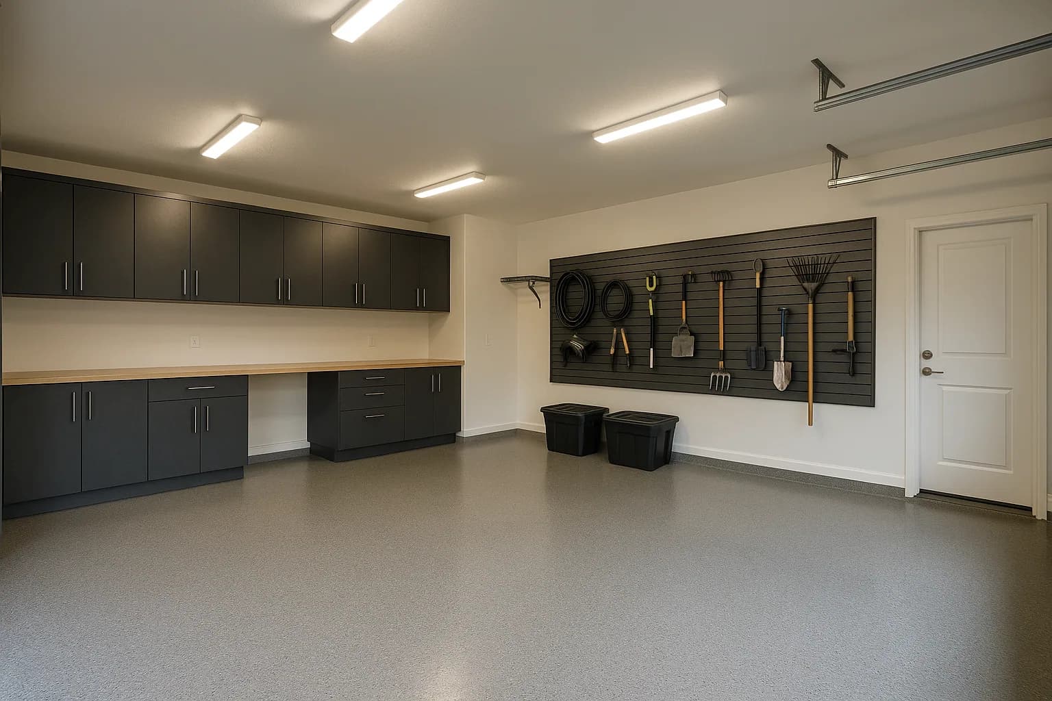 Finished custom garage with epoxy floor, built-in cabinets and a tool wall