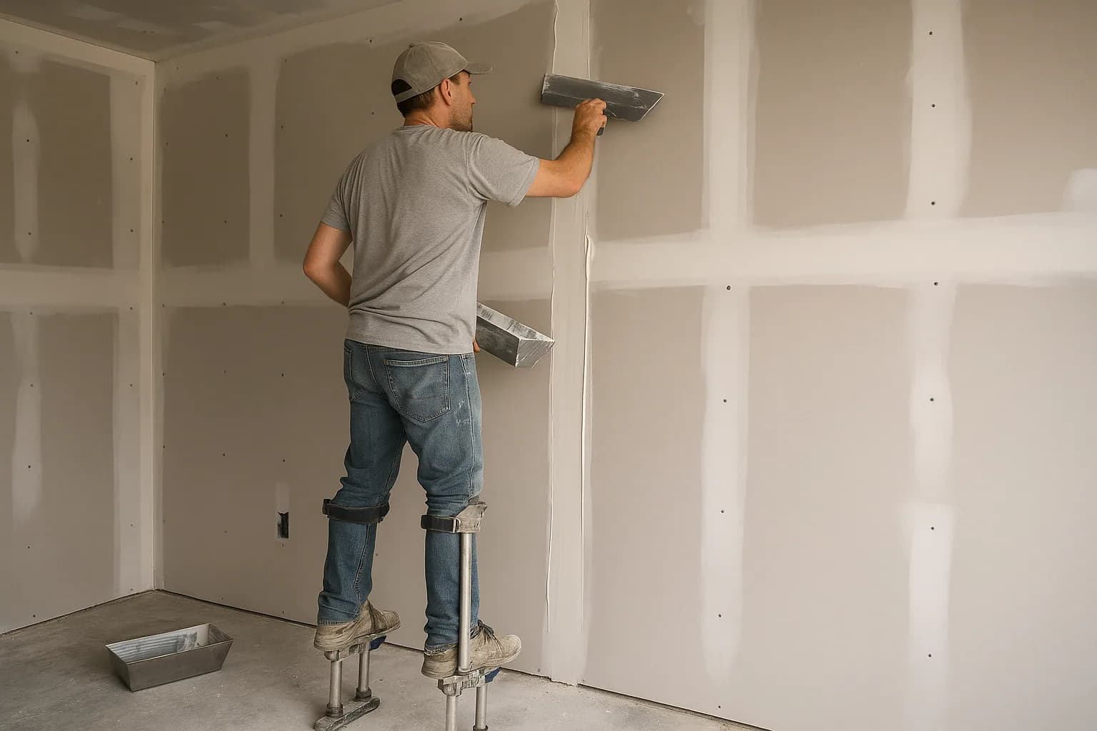 Drywall finisher taping and mudding seams on a newly hung wall