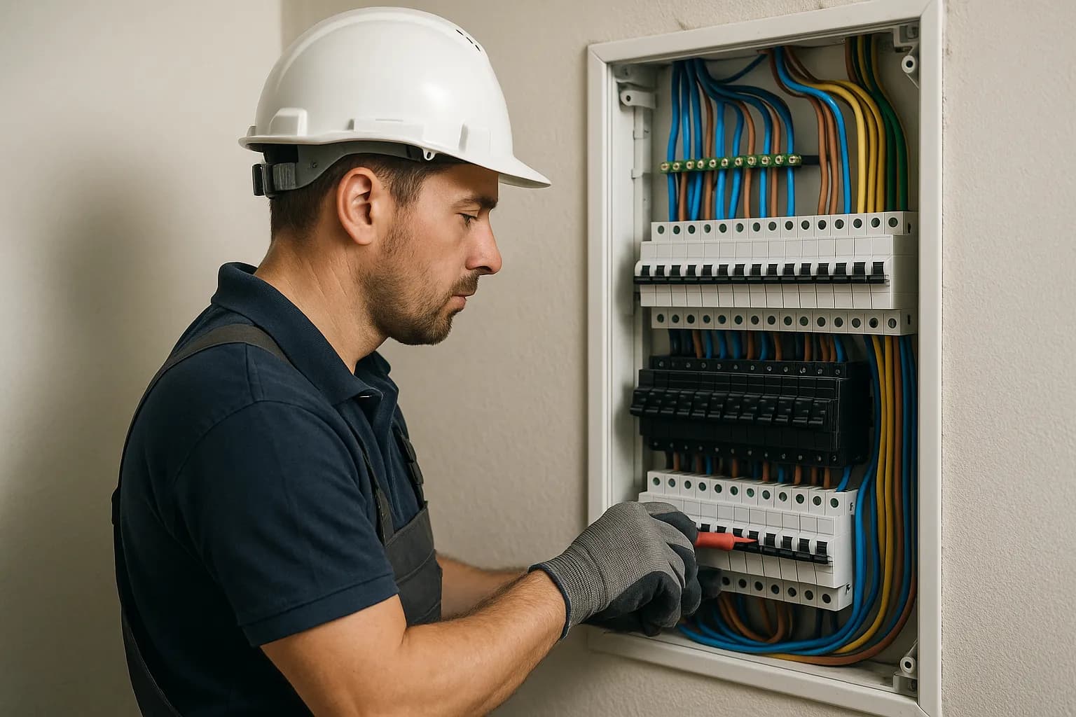 Electrician working with wiring inside an open electrical panel