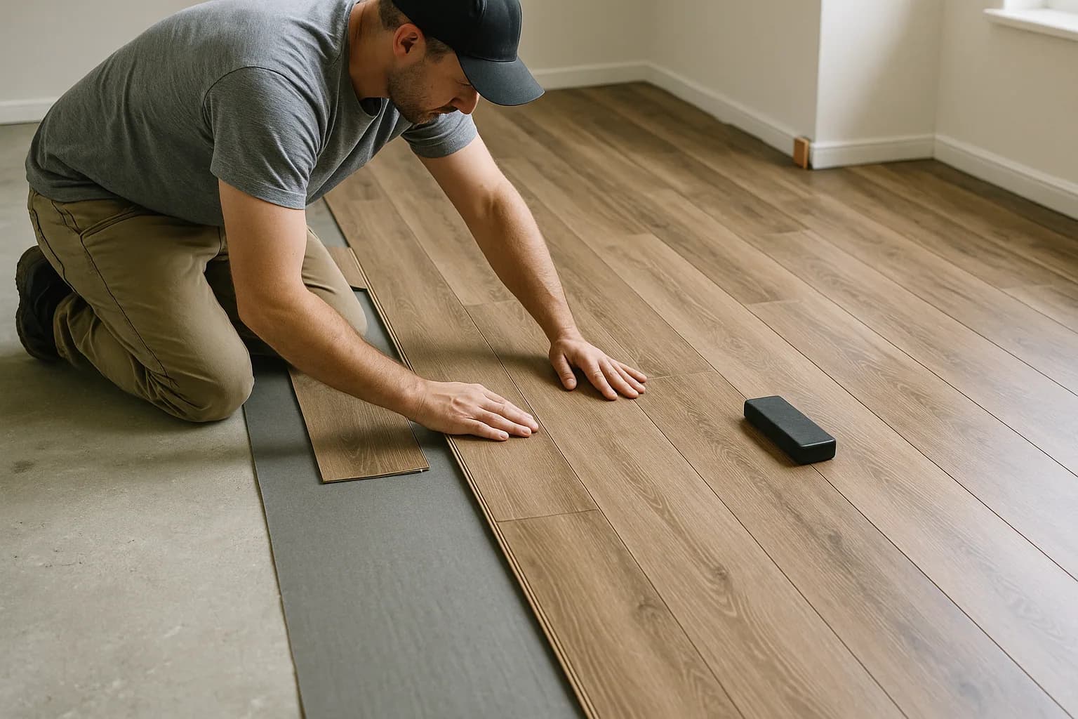 Installer fitting wood-look plank flooring across a room