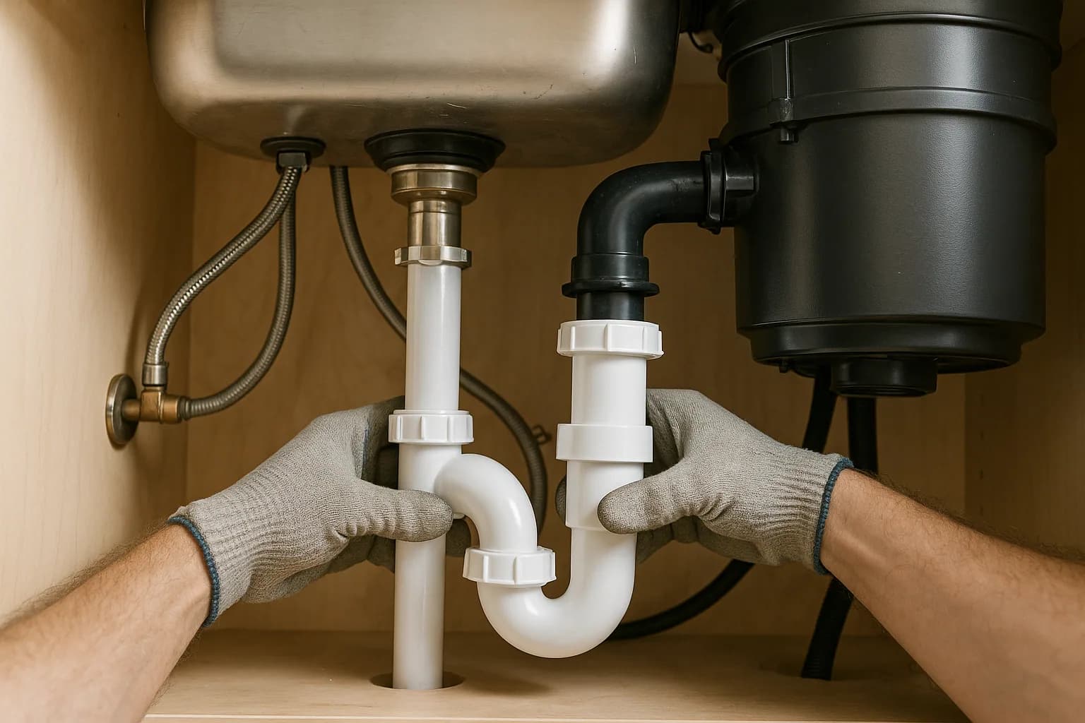 Plumber connecting the drain trap under a stainless kitchen sink