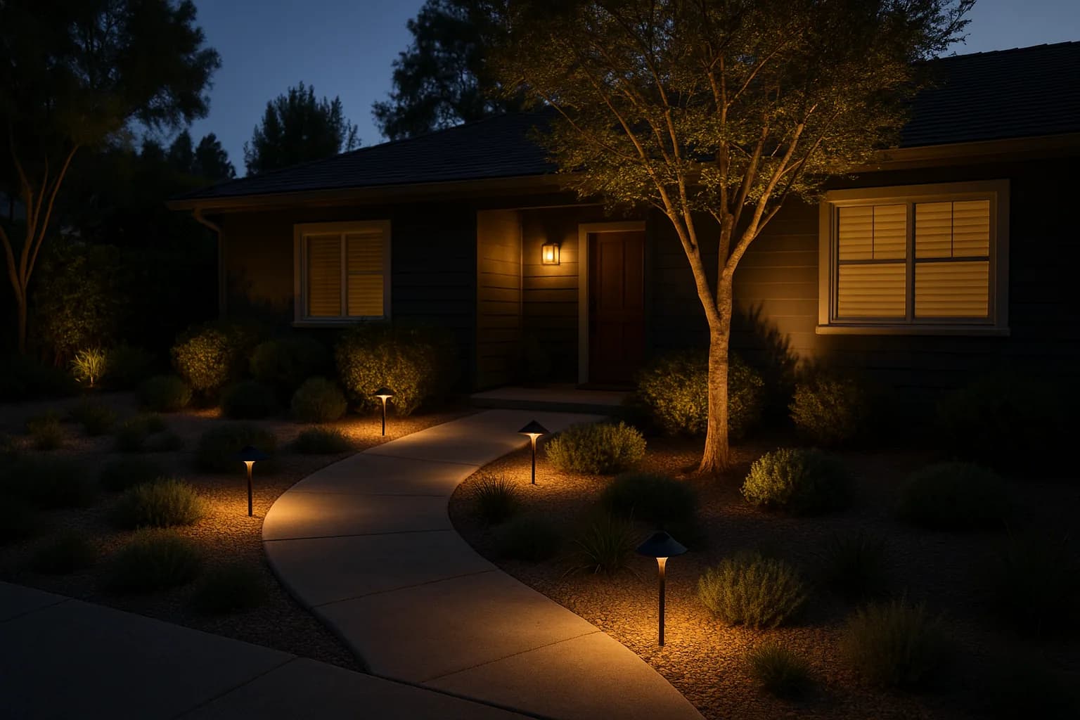 Low-voltage path and accent lighting illuminating a front yard at dusk
