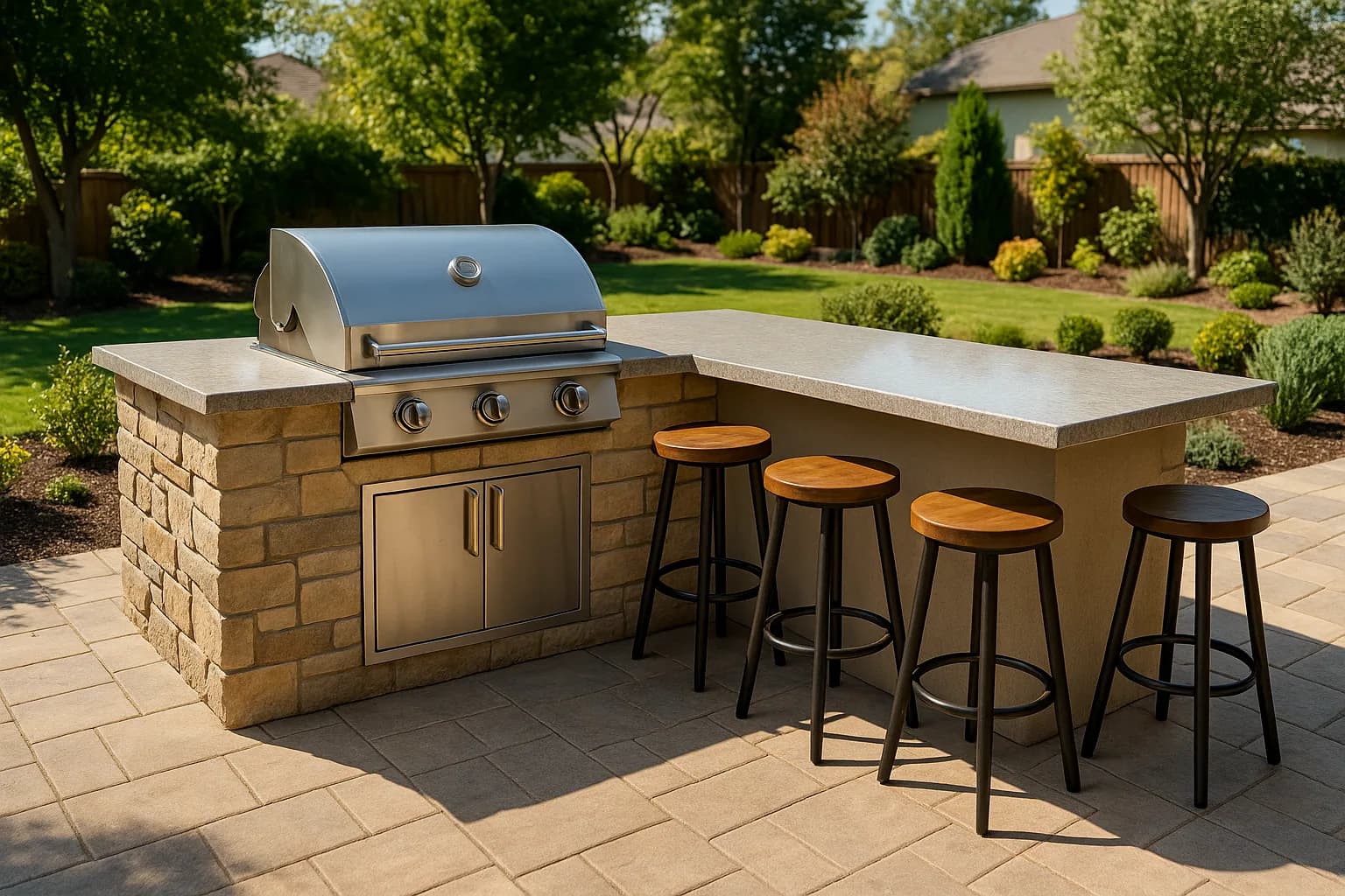 Outdoor kitchen island with a built-in barbecue grill and bar seating