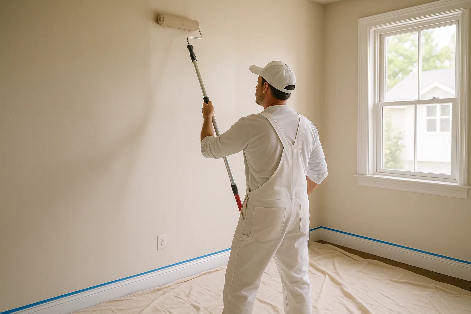 Painter rolling fresh paint onto an interior wall with taped trim