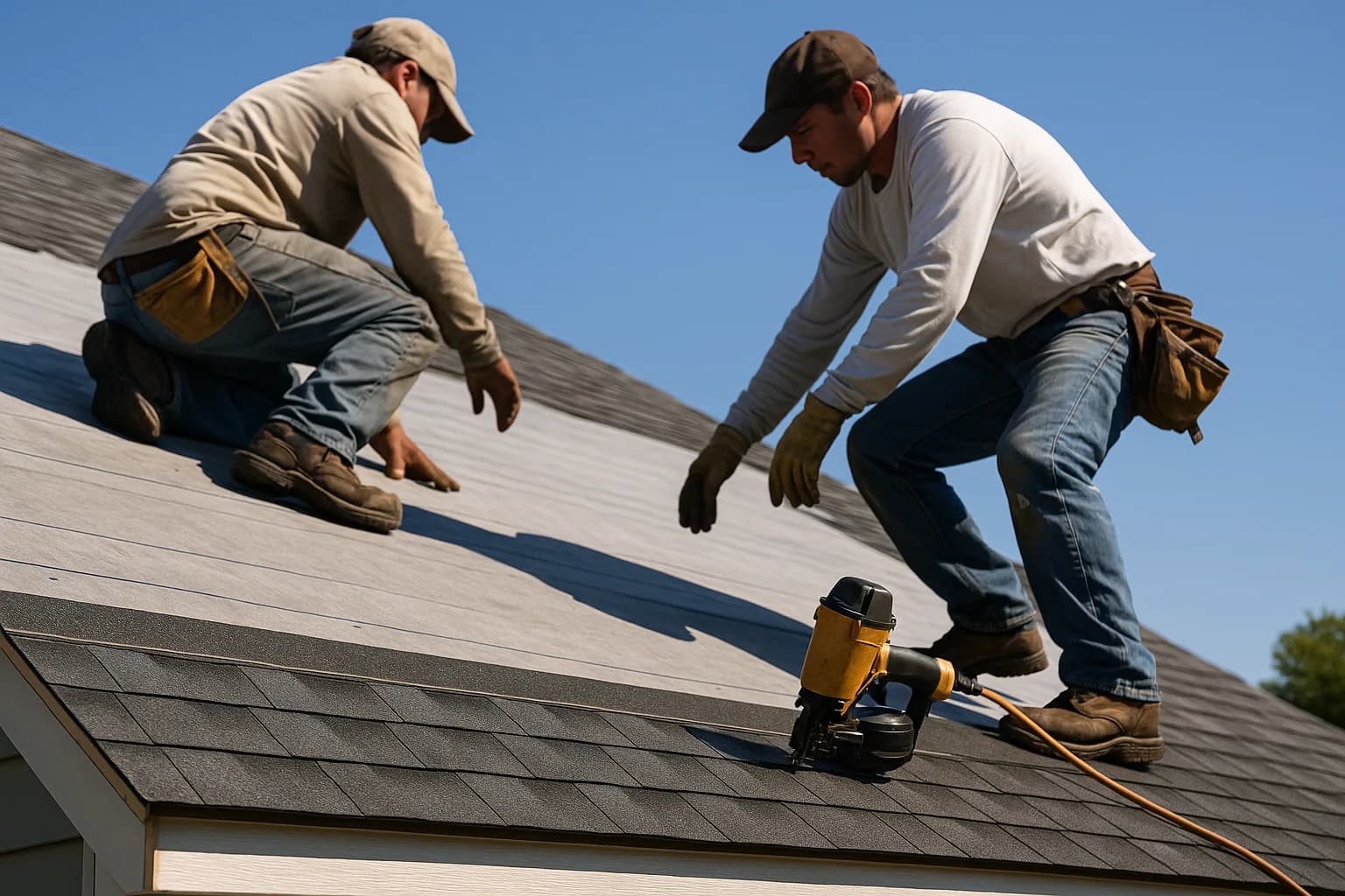 Roofers installing new charcoal asphalt shingles on a pitched roof