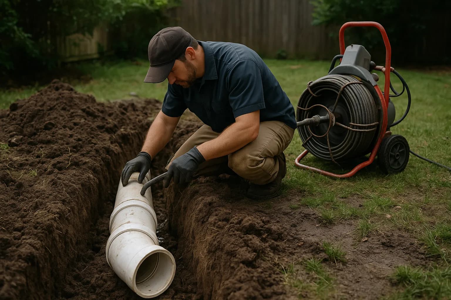 Plumber clearing a white PVC sewer main line in a dug trench