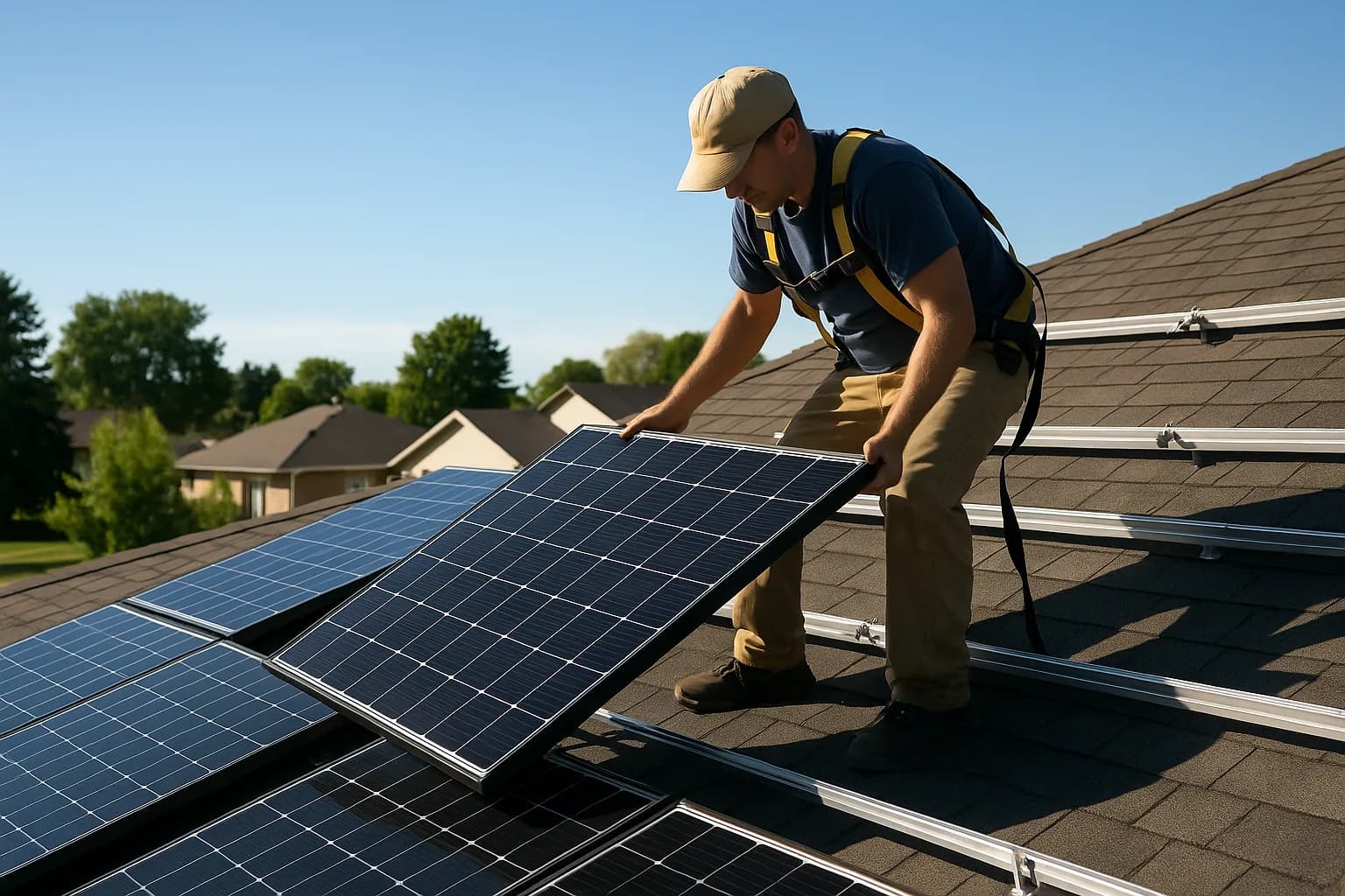 Installer mounting solar panels on a residential rooftop