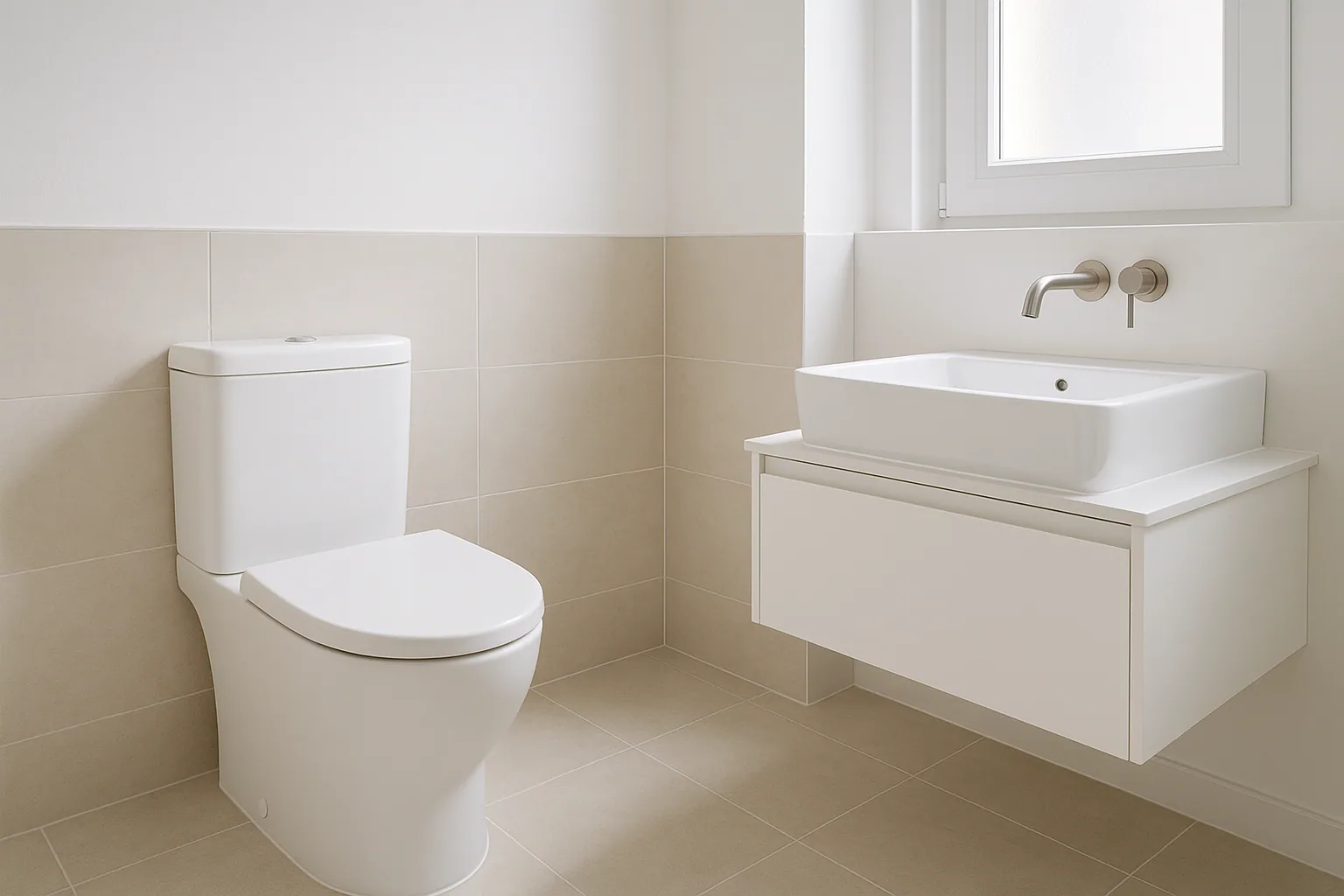 Modern bathroom with a dual-flush toilet and tiled floor