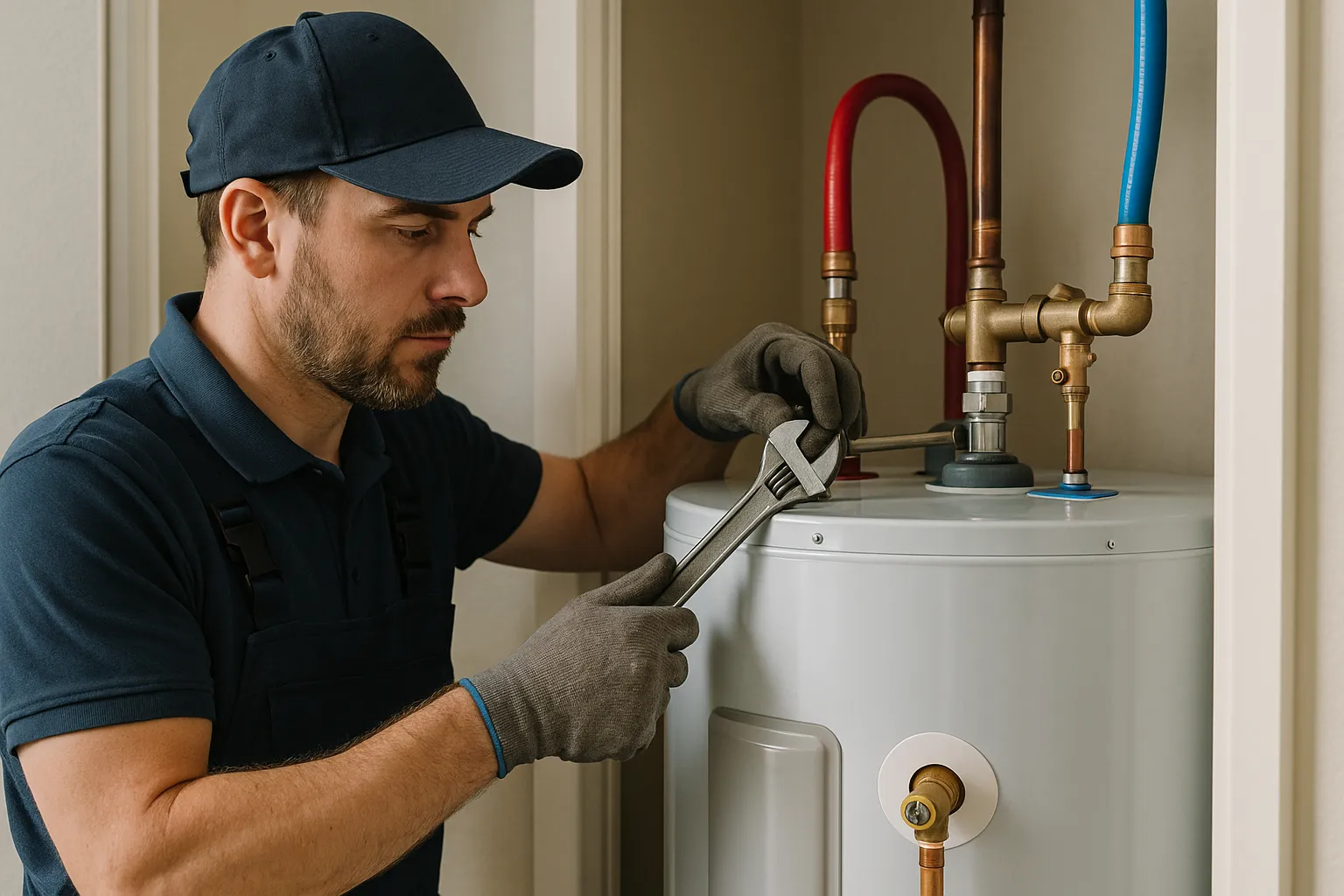 Plumber installing a residential water heater with copper and PEX connections