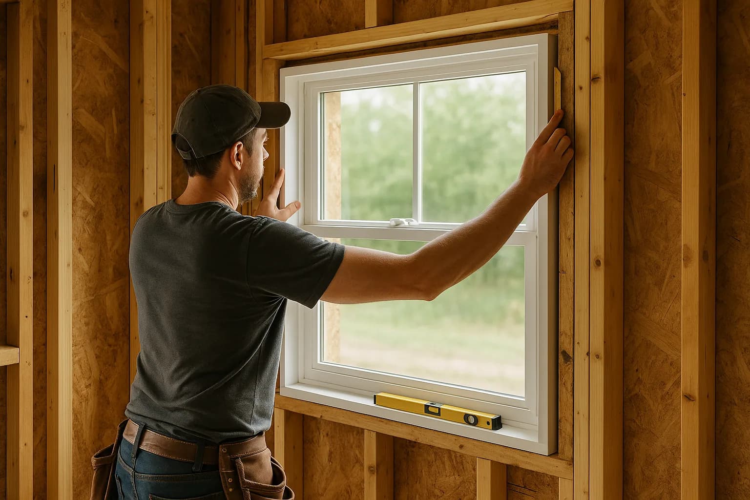 Contractor fitting a new white vinyl window into a framed wall opening